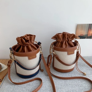 Borsa A Secchiello Donna Color Block Tela Pelle PU Coulisse Borsa A Tracolla A Mano Casual Moda Retro