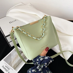 Women PU Leather Bucket Bag Thick Chain Handle Adjustable Shoulder Strap Solid Color Crossbody Handbag