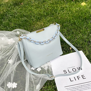 Light blue PU leather bucket bag with acrylic chain and adjustable shoulder strap