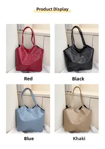 Detail of woven texture tote bags available in red, black, blue, and khaki colors