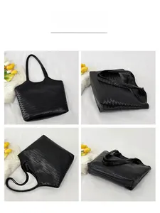 Multi-angle views of a black woven leather tote bag with long shoulder straps