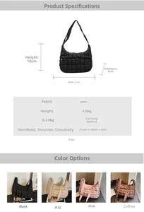 Detailed size specifications for quilted dumpling shoulder bag in four colors