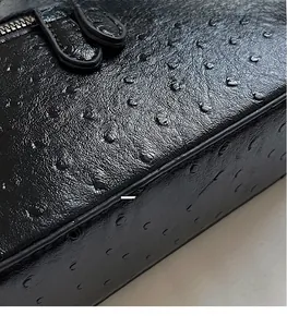 Detailed macro shot of black ostrich texture leather and premium metal zipper design