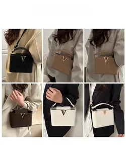 Model wearing various colors of the fashion flap bag with a golden V logo in multi-view