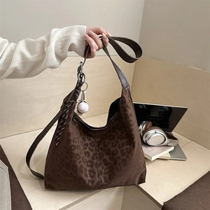 Chic leopard print oversized tote bag with suede texture and casual hobo style for women