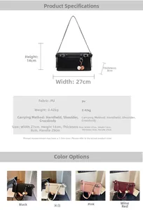 Detailed size chart for retro PU shoulder bag with four color options and dimensions