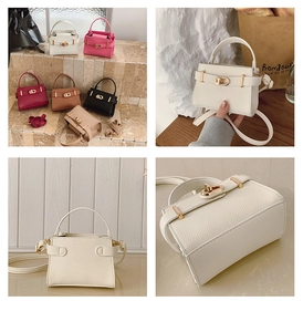 Detailed close-up of textured leather mini square bags with elegant metal twist lock closure