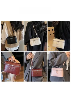 Collage of ostrich embossed leather box bags showing multiple colors on models