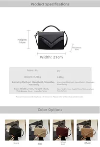 Size chart and color options for women V-design handbag with detailed PU leather specs