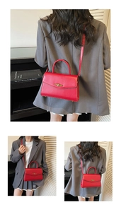 Detailed views of red PU leather handbag featuring a vintage gold twist lock and shoulder strap