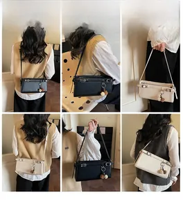 Collage of chic baguette bags in black and cream featuring cute plush ball charms