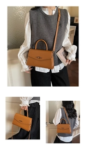 Retro caramel leather handbag shown in various angles with vintage metal lock buckle