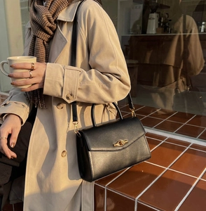 Close-up of elegant black structured handbag featuring a gold twist-lock and top handle