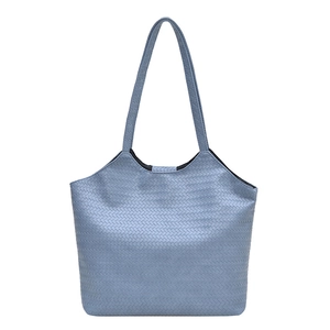 Blue-grey woven tote bag with minimalist shoulder straps and faux leather herringbone texture