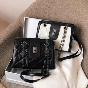 Chic quilted chain shoulder bags with metallic turn-lock closure in black and white colors
