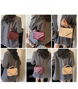 Model lifestyle shots of minimalist square handbags in burgundy and beige colors