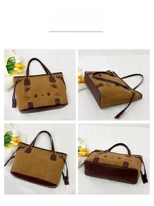 Detailed views of a brown cat-themed tote bag with cute 3D ears and embroidery