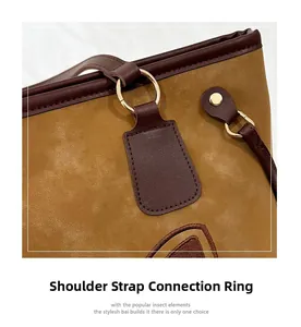 Close-up of khaki PU tote bag showing gold hardware rings and insect embroidery detail