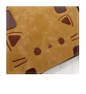 Close-up of mustard yellow suede bag featuring cute embroidered cartoon cat pattern