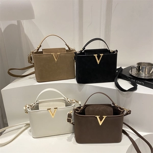 Minimalist crossbody bags with gold V-buckle in khaki, black, cream and coffee colors