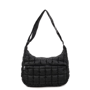 Fashionable black quilted puffer shoulder bag with large rhombus pattern and zipper detail