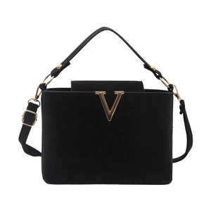 Elegant black bucket bag for women featuring a gold V-logo and versatile crossbody strap