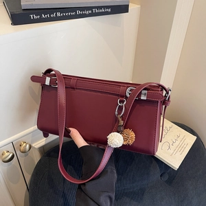 Women PU Leather Shoulder Bag Rectangular Baguette Crossbody Purse With Metal Buckle Decor And Plush Ball Charm Fashion