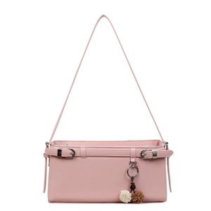 Pink rectangular shoulder bag with decorative belt straps and faux fur pompom charm