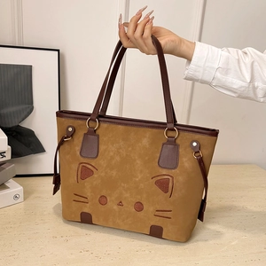 Sac fourre-tout marron avec broderie chat mignonne et grande capacité pour les trajets quotidiens