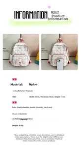 Detailed view of the plaid nylon backpack showing its dimensions and lightweight materials