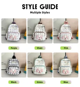 Collage of checkered school backpacks in six colors with plush puppy ornaments