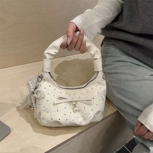 Women Hobo Bag Pleated Handle Satin Lace Ribbon Bow Artificial Pearl Rhinestone Shoulder Bag Elegant Handbag