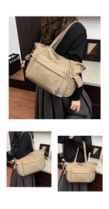Dettaglio della borsa tote in velluto a coste beige con grande capacità e tasche laterali
