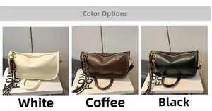 Detailed comparison of minimalist semi-moon bags in white, coffee, and black faux leather
