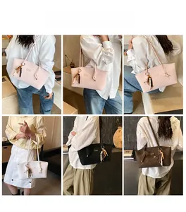 Collage of chic faux leather tote bags in pink, white, black, and coffee for daily commute