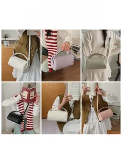 Litchi texture cylindrical handbag in five colors shown with model in various poses
