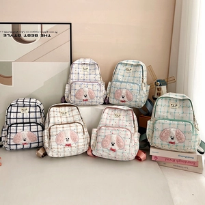 Plaid school backpack for girls with cute 3D plush puppy decor in six assorted colors