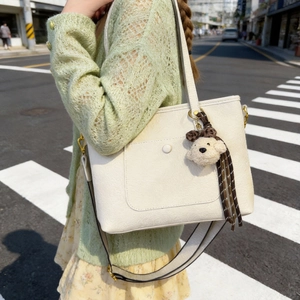 Litchi Grain PU Leather Women Tote Bag With Detachable Wide Strap And Plush Pendant Minimalist Commuting Fashion Handbag