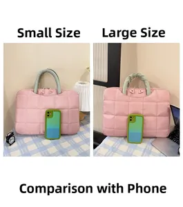 Size comparison of quilted pink laptop and tablet bags with green handles and zippers