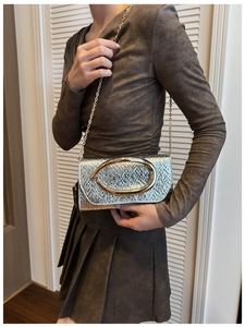 Detailed view of a textured silver flap bag with a bold gold oval buckle and chain strap