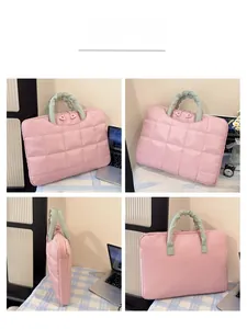 Detailed four-way views of a pink quilted office briefcase with green woven handles