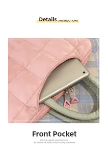 Detail of pink and green quilted laptop bag featuring a functional front pocket for tablets