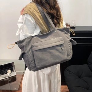 Borsa tote in velluto a coste grigio con coulisse e tasche multiple da ufficio