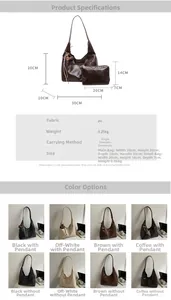 Size chart showing large vintage PU suede tote bag and small pouch dimensions and weight