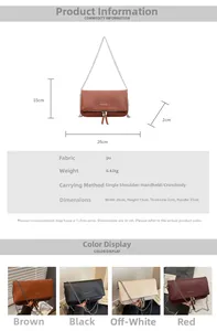 Guide des tailles pour sac enveloppe en PU avec dimensions 26x15x2cm et couleurs