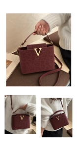 Close-up of leopard texture crossbody bag in burgundy with golden V buckle and strap