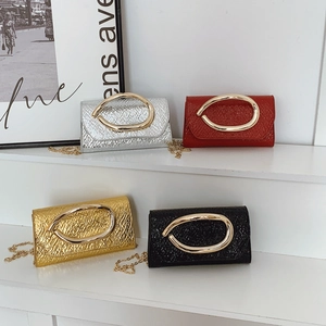 Fashionable mini crossbody bags in silver, red, gold and black with metallic chain