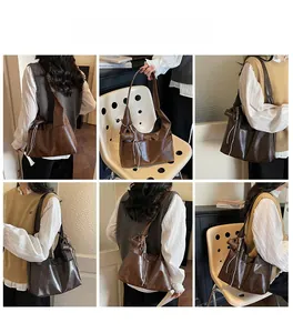 Multi-angle views of large dark brown tote bag in vintage matte leather showing strap detail