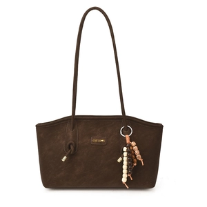 Minimalist dark brown tote bag with shoulder strap and colorful beaded tassel pendant