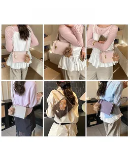 Detailed views of vintage crossbody bags with bear pendant in four various colors